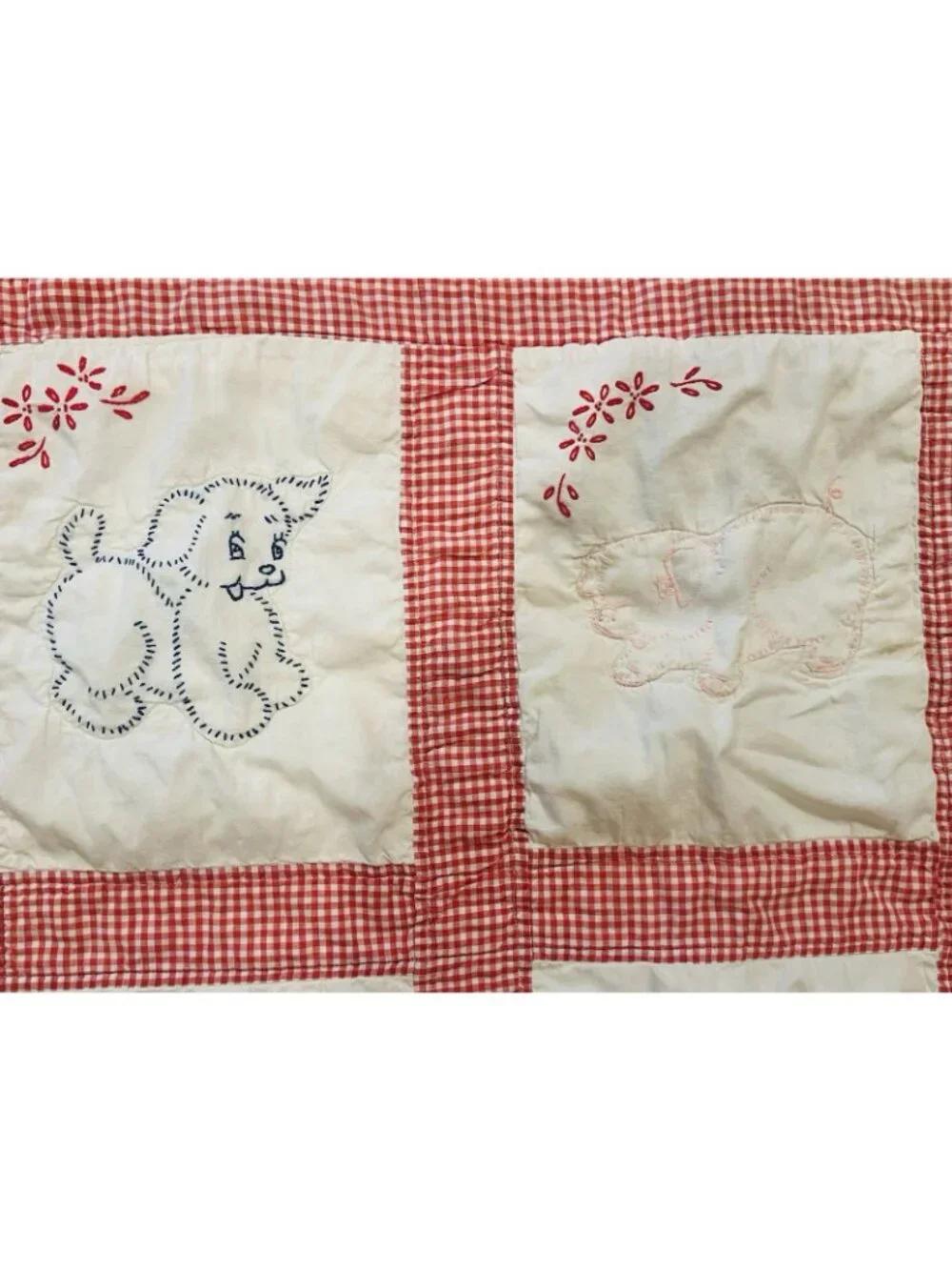 Hand Embroidered Vintage Baby Quilt Stitched Animal Squares Kitschy READ